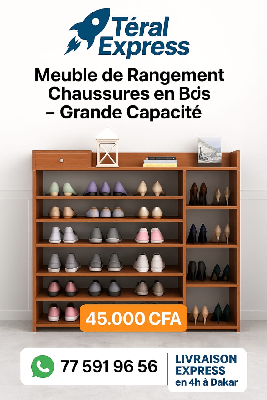 Meuble de rangement chaussures en bois grande capacité avec plusieurs étagères – TeralExpress Market, prix 45.000F CFA, livraison express en 4h à Dakar.
