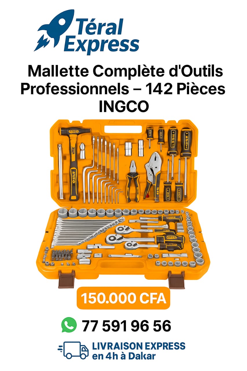 Mallette complète d’outils professionnels INGCO 142 pièces – Prix 150.000F CFA – Livraison express en 4h à Dakar – TeralExpress Market