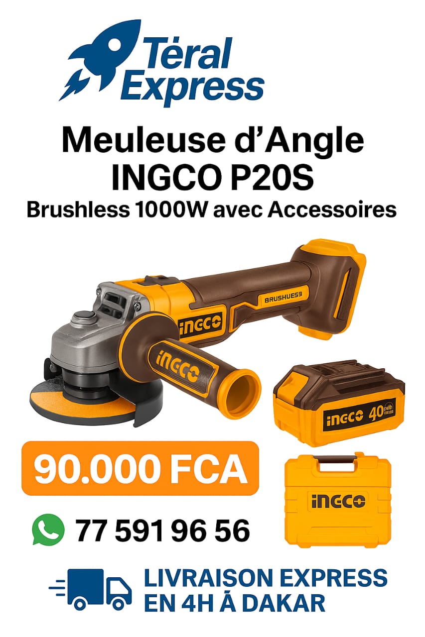 Meuleuse d’Angle INGCO P20S Brushless 1000W avec accessoires – Prix 90.000F CFA – Livraison express en 4h à Dakar – TeralExpress Market