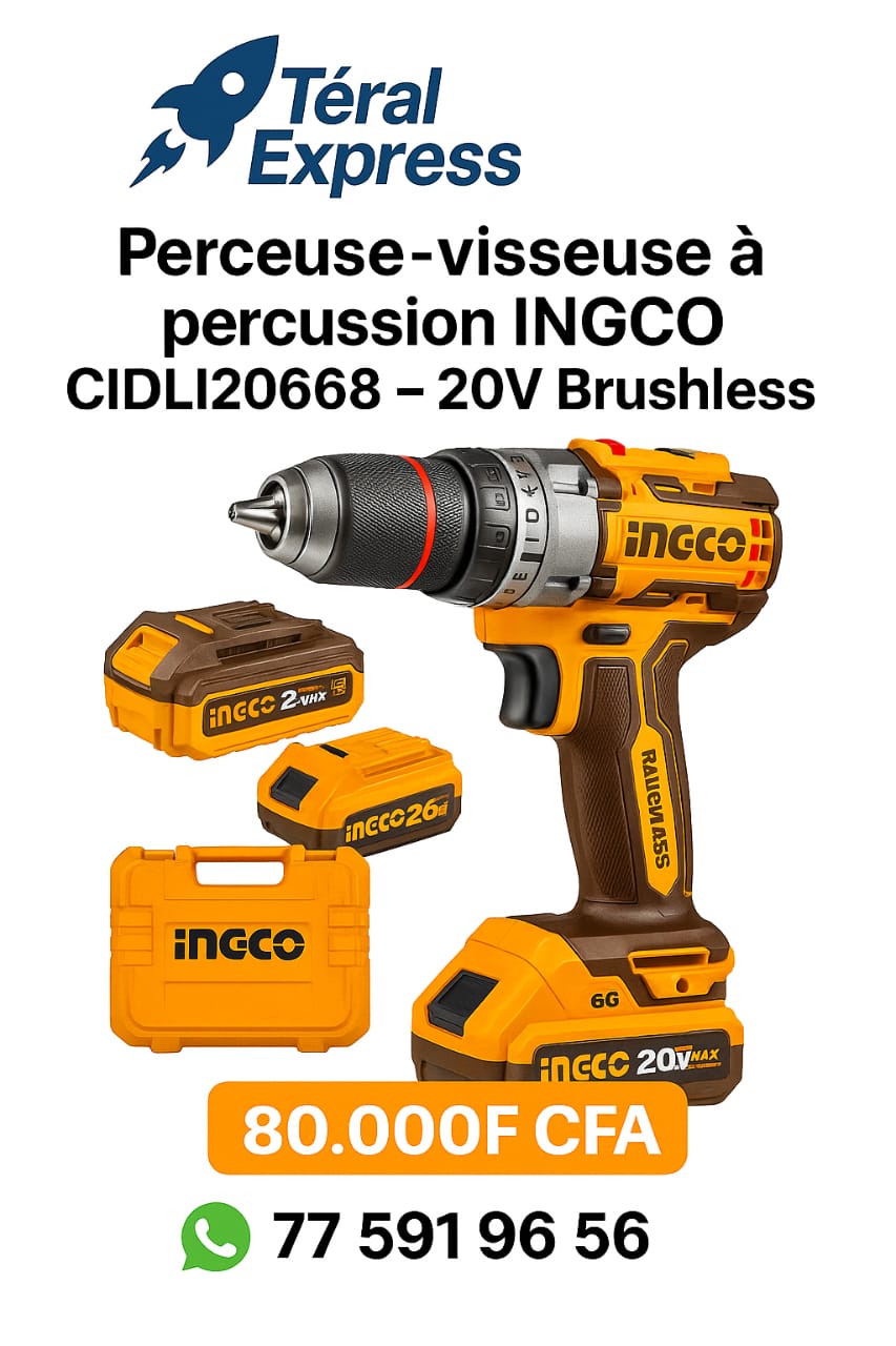 Perceuse-visseuse à percussion INGCO CIDLI20668 20V brushless avec 2 batteries et coffret – Prix 80.000F CFA – Livraison express Dakar
