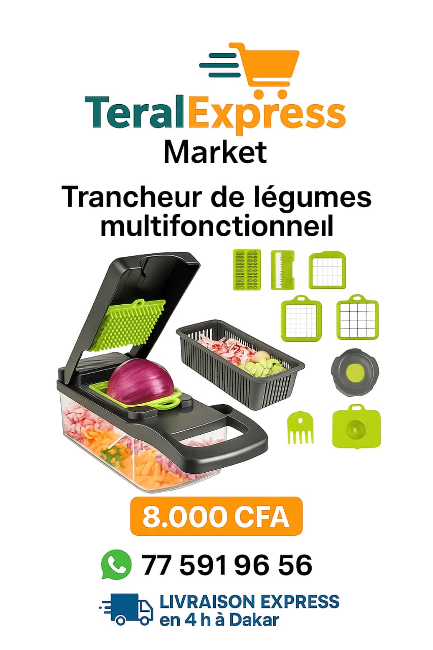 Trancheur de légumes multifonctionnel avec 8 lames et bac de récupération – Coupe-légumes pratique pour cuisine rapide – Prix 8.000F CFA – Livraison express à Dakar.