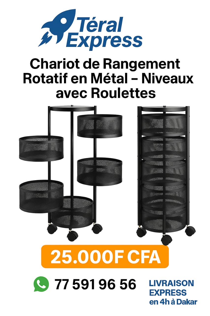 Chariot de rangement rotatif en métal noir avec 4 paniers et roulettes pivotantes – TeralExpress Market

