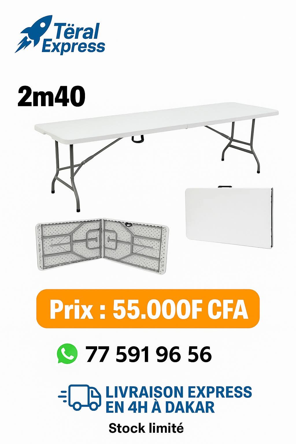 Table pliante rectangulaire 2m40 blanche avec structure métallique – TeralExpress Market
