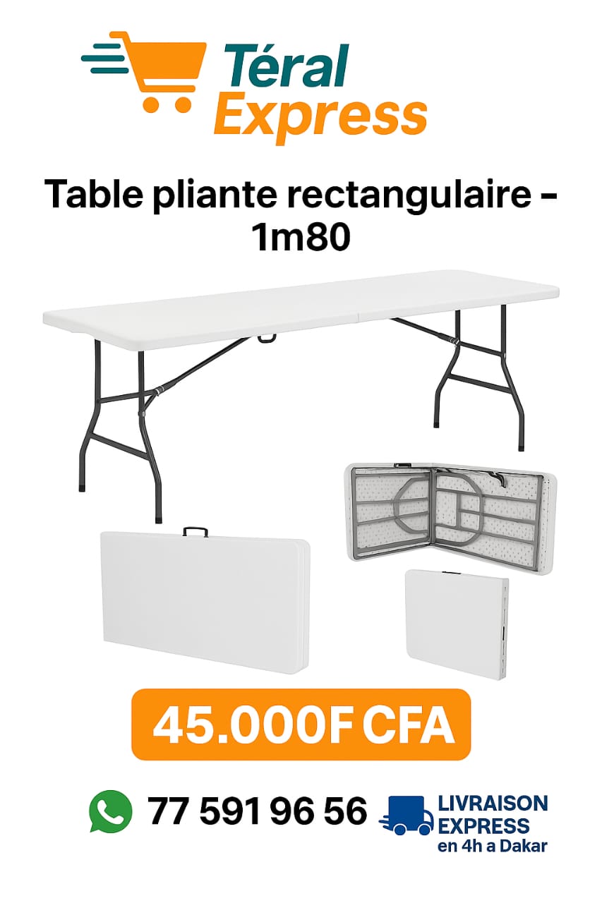 Table pliante rectangulaire 1m80 blanche avec poignée de transport – TeralExpress Market
