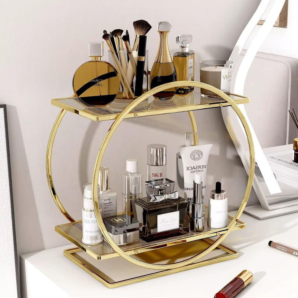 Présentoir Parfum en Verre 2 Niveaux – Classe Dorée