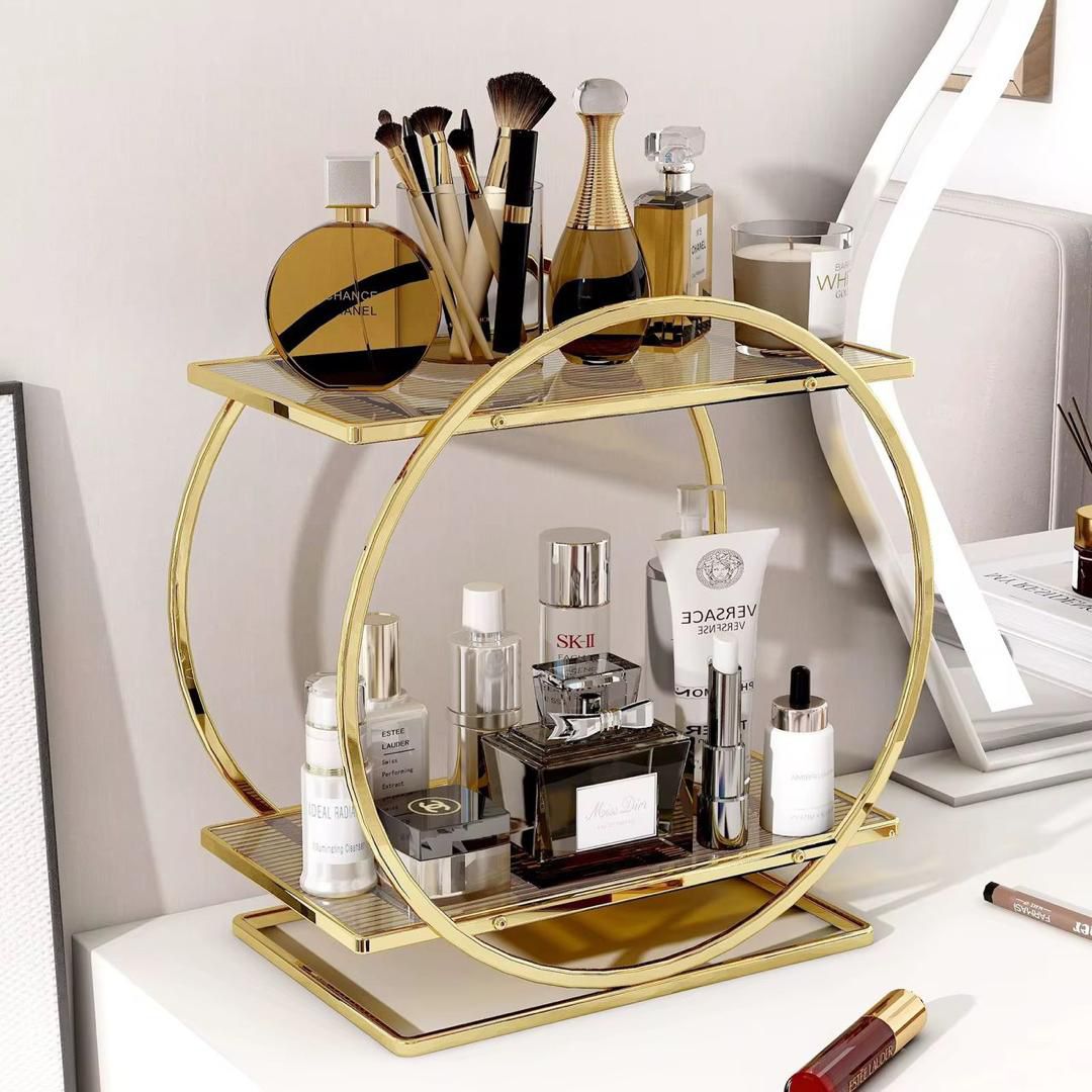 Présentoir Parfum en Verre 2 Niveaux – Classe Dorée