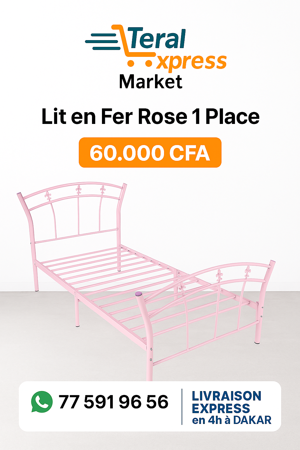 Lit en fer rose 1 place robuste et design avec tête de lit décorative – TeralExpress Market