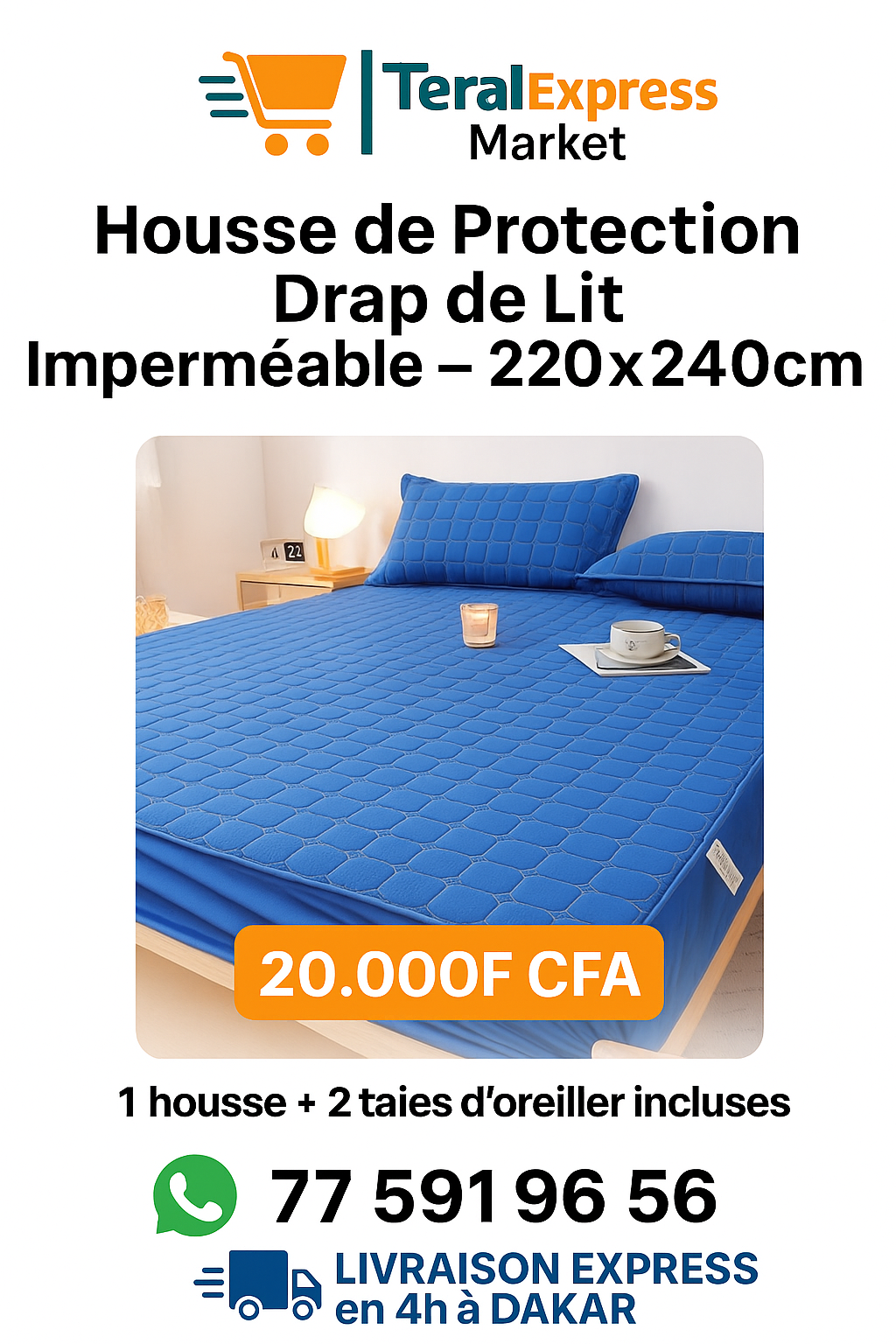 Housse de protection imperméable pour matelas – Drap de lit rembourré en coton lavable avec 2 taies d’oreiller. Confort, hygiène et élégance pour protéger vos nuits au meilleur prix au Sénégal.