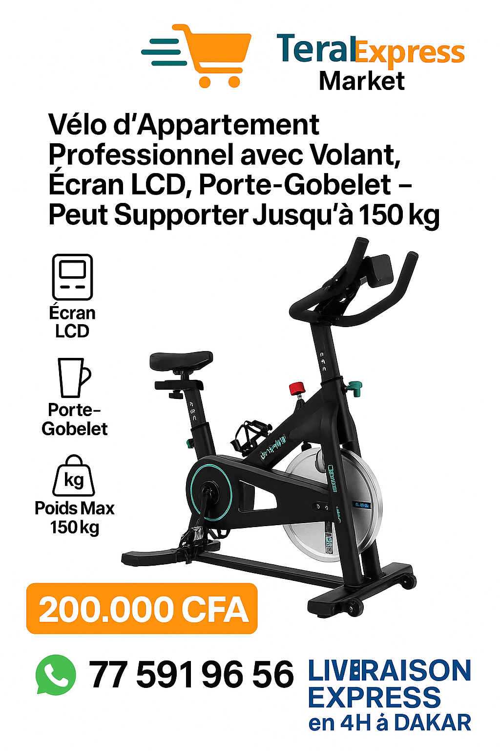 Vélo d’appartement professionnel avec écran LCD, siège réglable et porte-gobelet – TeralExpress Market Dakar.