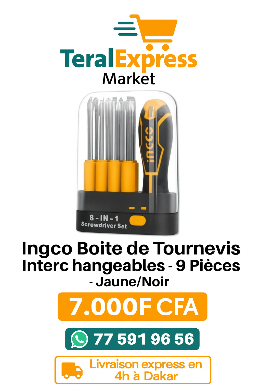 Ingco Boite de Tournevis Interchangeables - 9 Pièces - Jaune/Noir
