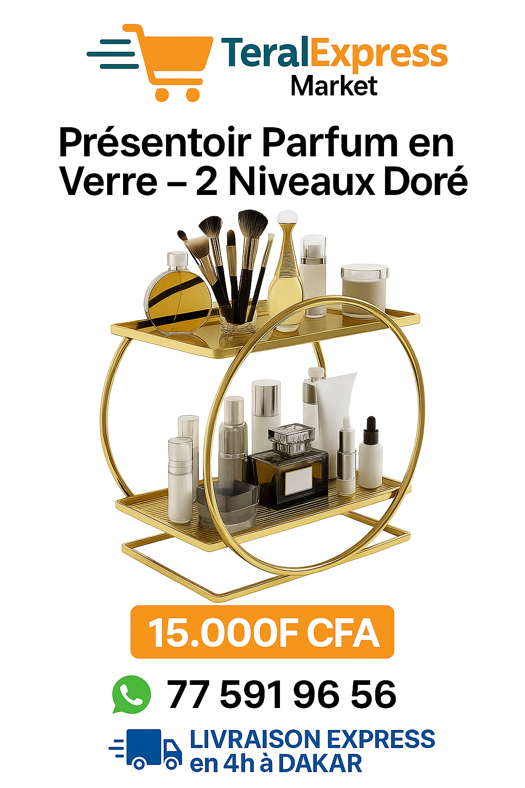 Présentoir parfum en verre 2 niveaux doré avec rangement pour cosmétiques et bijoux – 15.000F CFA.

 