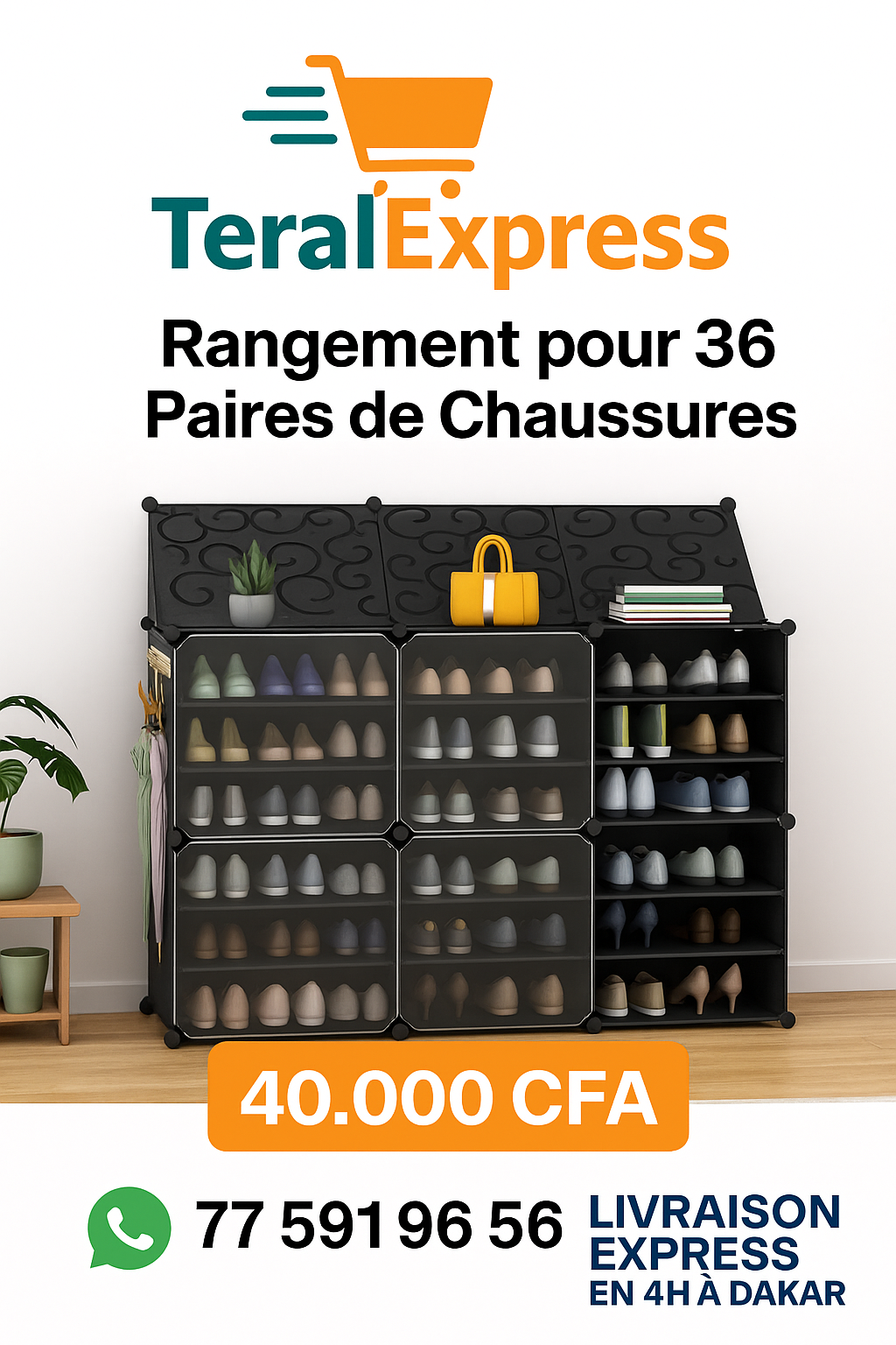 Rangement chaussures 36 paires avec portes transparentes – organisateur moderne vendu par TeralExpress à 40.000F CFA.


